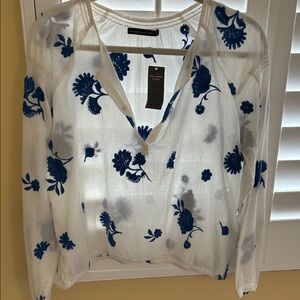 Abercrombie & Fitch White Semi-Sheer Top with Navy Floral Embroidery